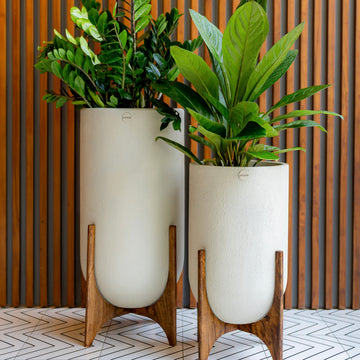 Modern mid century planters with stands for indoor use. Shop at Palasa for large planters, planters indoor, tall planter pots 
