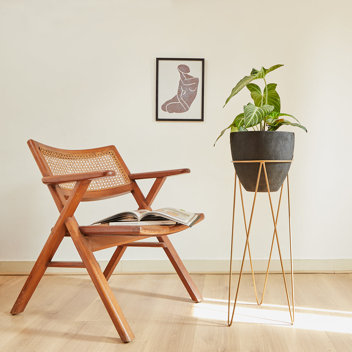 This fiberglass black planter with gold stand designed by Studio Palasa is an ideal fit for your indoor spaces like your entryway or any corner of your home or office space. Combined with the stand, the planter adds a dramatic effect onto your plants. 