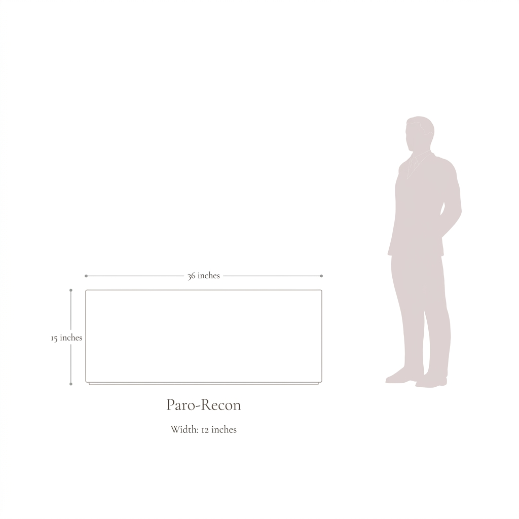 Paro-Recon planter outline dimension guide with a pale human silhouette, length 36 inches, width 12 inches and height 15 inches