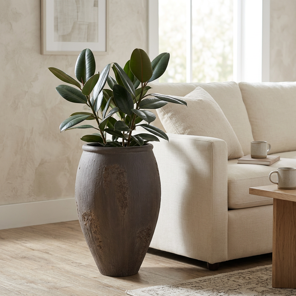 Marlo planter with a rubber plant in a living room