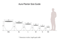 Aura planter size guide with XS through XXL dimensions in inches