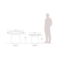 Teddy GRC Table outline size guide with Small 18-inch diameter and 14-inch height, Large 26-inch diameter and 16-inch height, and pale human silhouette