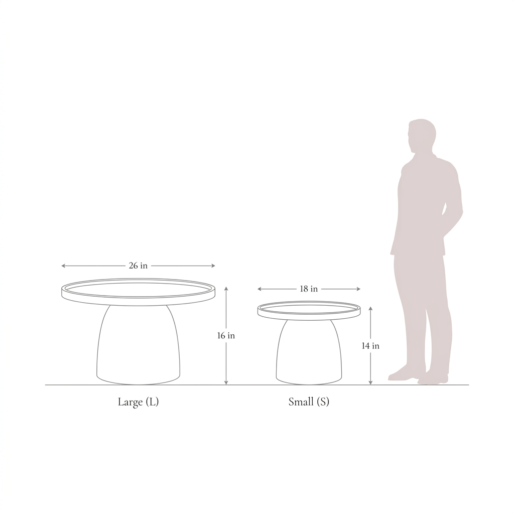 Teddy GRC Table outline size guide with Small 18-inch diameter and 14-inch height, Large 26-inch diameter and 16-inch height, and pale human silhouette