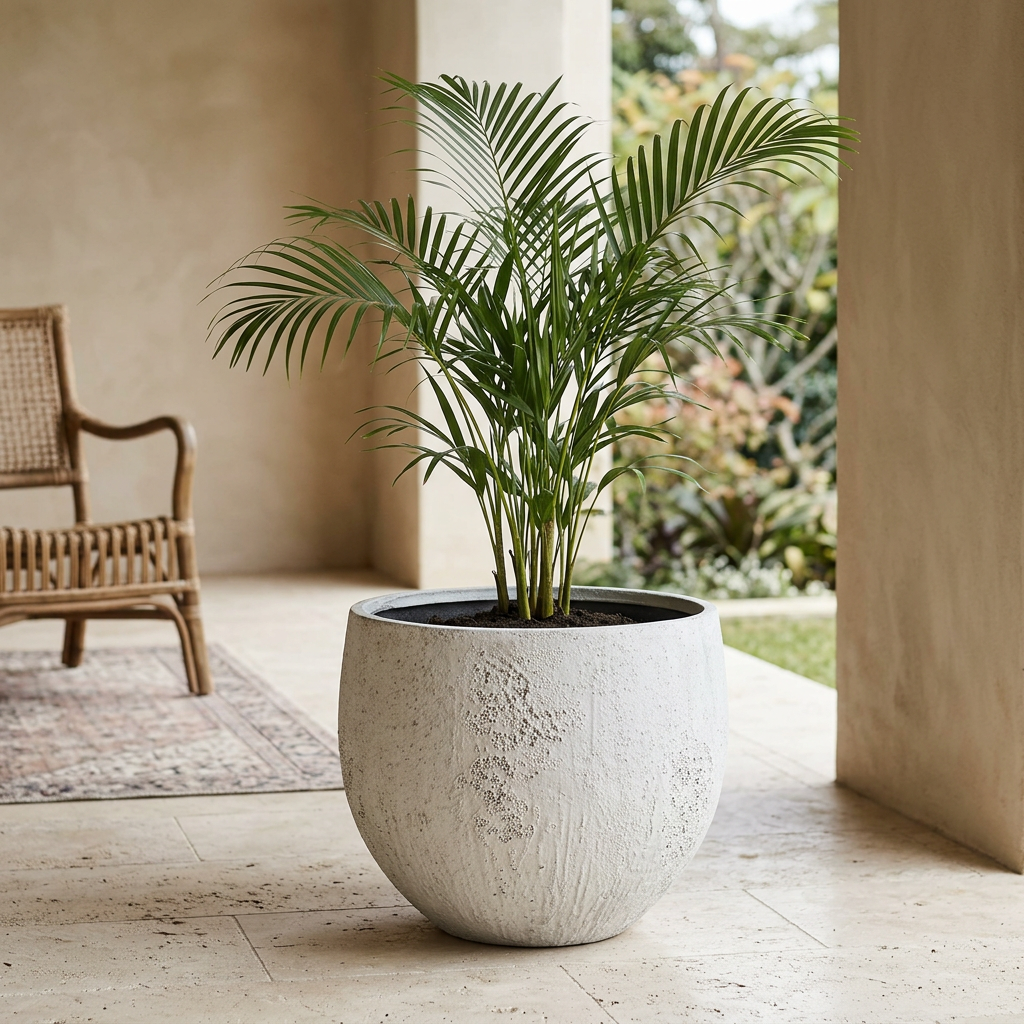 Aura planter with an areca palm on a veranda