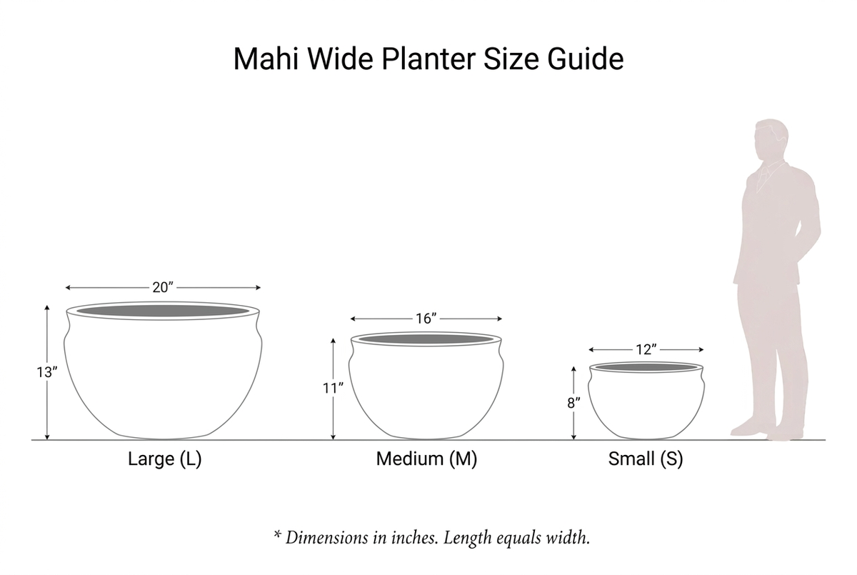 Mahi Wide planter size guide with Small Medium and Large dimensions and human silhouette