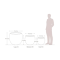 Tisha planter outline size guide: Large 22 by 19 inches, Medium 16 by 14 inches, Small 11 by 10 inches, with pale human silhouette