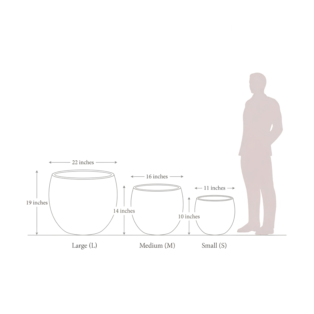 Tisha planter outline size guide: Large 22 by 19 inches, Medium 16 by 14 inches, Small 11 by 10 inches, with pale human silhouette