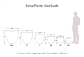 Centa planter size guide showing XS to XXL with width and height dimensions in inches and an illustrative human silhouette